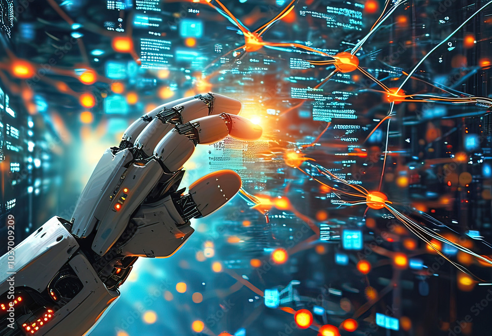 Aufkleber human hand touching robot hand touching large network connection, electrical signals, program codes
