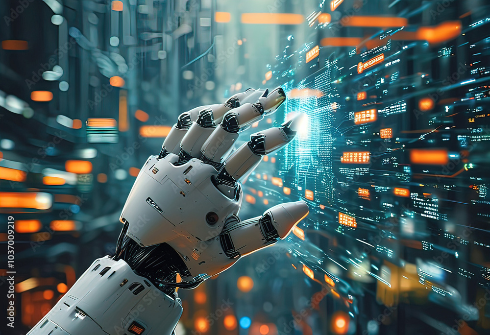 Aufkleber human hand touching robot hand touching large network connection, electrical signals, program codes
