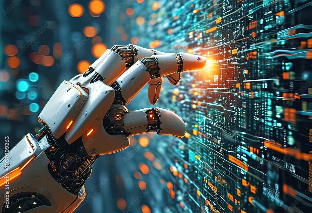 Aufkleber human hand touching robot hand touching large network connection, electrical signals, program codes