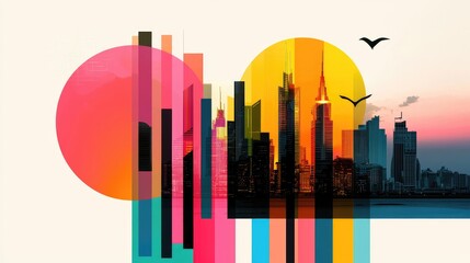 Retro-futuristic cityscape silhouette with vibrant neon gradient colors