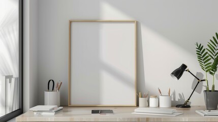 A minimalist home office with a white-walled, wooden desk. The focal point is a blank picture frame