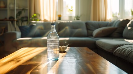 Pure fresh drinking water is poured from a bottle on the living room table