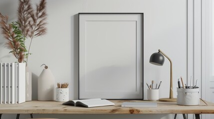 A minimalist home office with a white-walled, wooden desk. The focal point is a blank picture frame