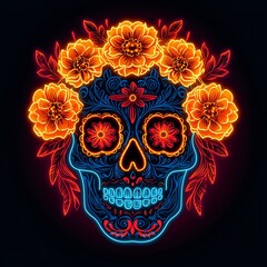 Colorful illuminated skull design with flowers on a black background.