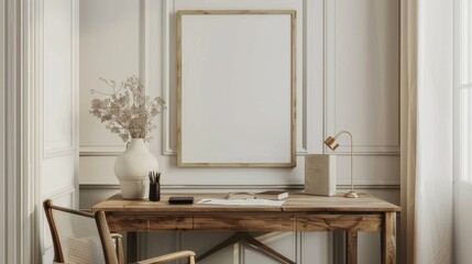 A minimalist home office with white walls and a wooden desk. The desk features a blank picture frame and a single decorative vase. Bright