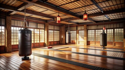 Traditional martial arts training hall with wooden floors, dim lighting, and Japanese-inspired decor, featuring karate gear and worn punching bags, conveying a sense of discipline.
