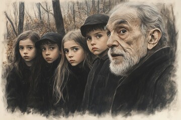 A somber gathering of four children and an elderly man in a forest setting.