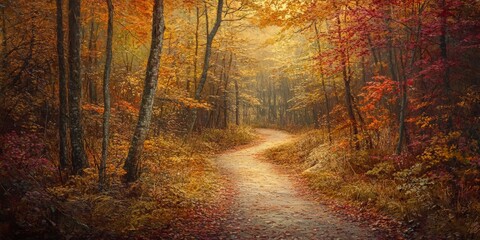 Obraz premium Serene Autumn Forest Path Illuminated by Warm Golden Light