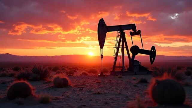 Oil Pump Jack Against a Sunset in the Desert