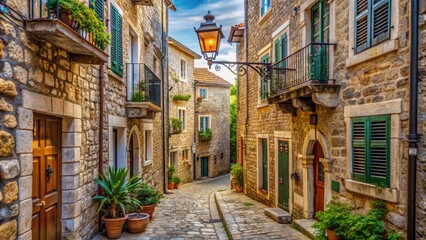 Fototapeta premium Ancient stone buildings with ornate balconies and rusty lanterns line a narrow, cobblestone street in the historic old town of Budva, Montenegro.