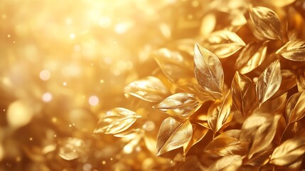 Shiny glowing golden leaves background, shimmering luxury elegance