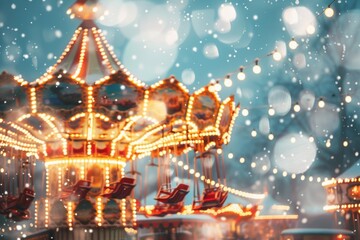Festive abstract background with a cute Christmas amusement park, bokeh lights.