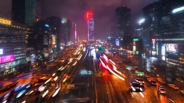 Timelapse of a busy night city. Drone hyperlapse aerial shot. Stunning top down view of Illuminated Skyscrapers, Towering Buildings, highways with fast moving cars, vibrant light trails at nightfall.