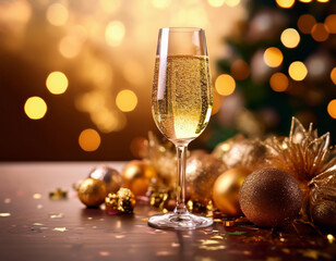 Champagne glass on bokeh background with christmas decoration.