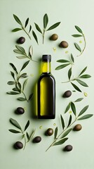 Sleek Olive Oil Bottle with Arranged Leaves and Olives