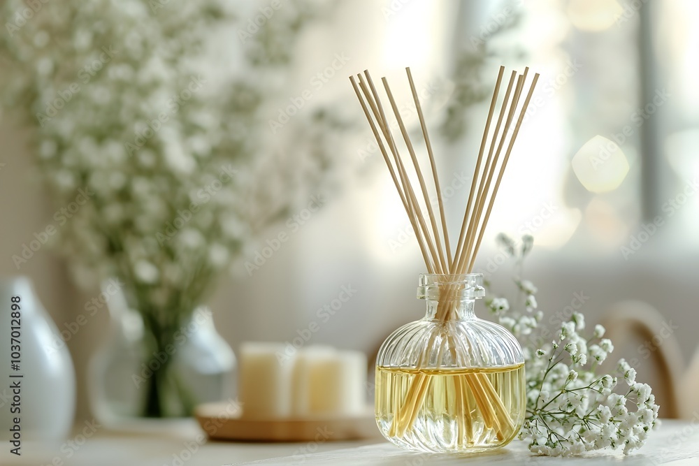 Poster serene home setting with glass bottle of essential oils and reed diffuser creating a calming atmosph