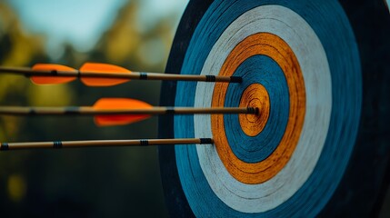 Archery target with arrows at the bullseye under a blue sky during golden hour, emphasizing precision and vibrant colors in an outdoor sport setting.