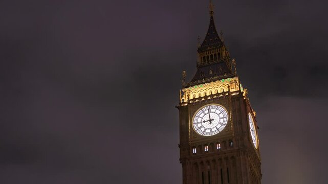 London, Westminster: Elizabeth Tower (Big Ben) at night, time lapse video, 4k