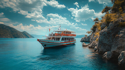 Obraz premium A tourist boat offering scenic tours along the coastline.A tourist boat offering scenic tours along the coastline.