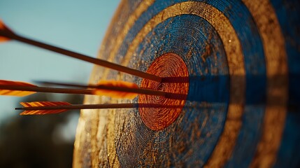 Archery target with arrows at the bullseye under a blue sky during golden hour, emphasizing precision and vibrant colors in an outdoor sport setting.