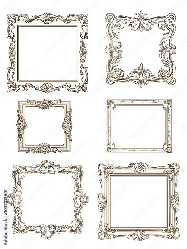 Poster Elegant Vintage Inspired Ornate Square Line Frames Set on White Background with Copy Space