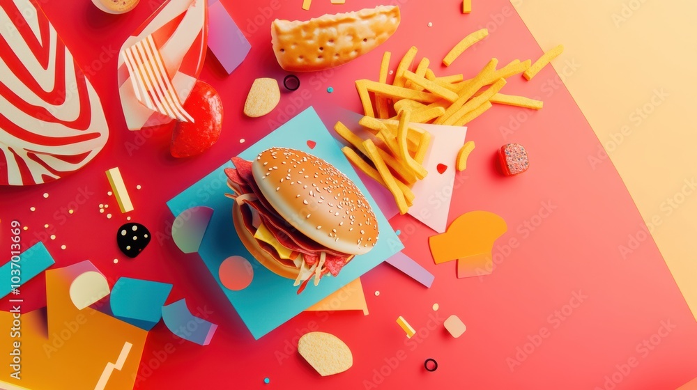 Aufkleber bright colors and abstract shapes feature stylized burger, fries, and pizza icons creating a fun, en