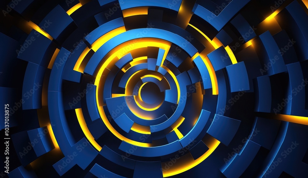 Poster abstract design featuring concentric shapes in blue and orange hues, creating a dynamic effect.