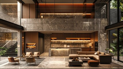 Obraz premium Lavish fancy modern house apartment home interior, marble floor, High ceilings, High glass windows, art deco inspired 