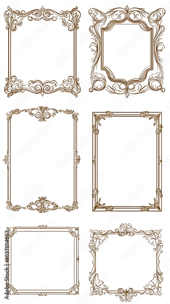 Poster vintage ornate rectangular line frames with intricate scrollwork corners on white background