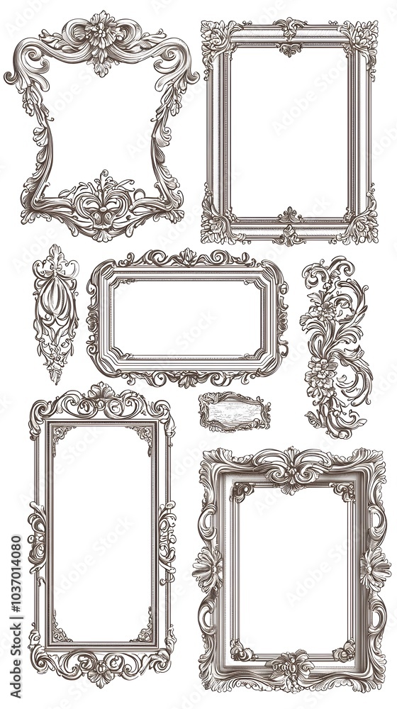 Poster elegant rectangular line frames with intricate scrollwork corners ideal for vintage inspired designs