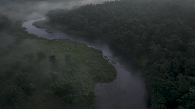 falls in the fog. Early morning Chitwan, Sauraha.