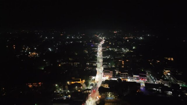 Night view of Sauraha, Chitwan, nepal. drone shot