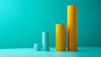 Colorful 3D bar graph with ascending yellow and light blue bars on a teal background, representing business growth with a clean minimalist design.