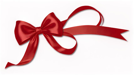 A bright red ribbon bow, tied neatly with smooth loops and long, flowing tails, isolated on a white background. 