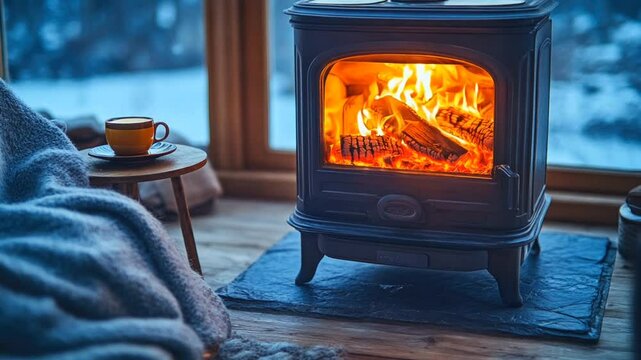 Modern wood stove fireplace burning in cozy winter cabin with blanket and cup of tea. Winter retreat concept