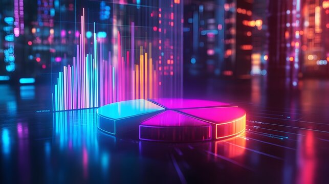 Colorful 3D pie chart with neon data visualization on a financial graph background, featuring a vibrant rainbow palette and futuristic stock market display.