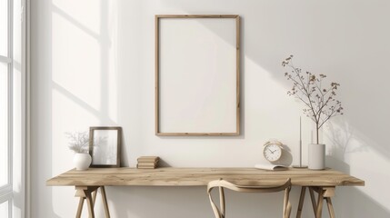 A minimalist home office with white walls and a wooden desk. The desk features a blank picture frame and a small, stylish lamp. Gentle