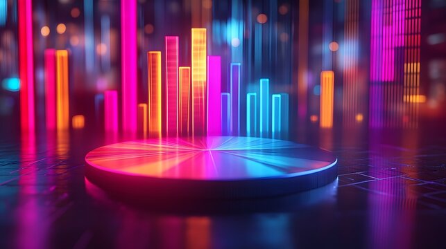 Colorful 3D pie chart with neon data visualization on a financial graph background, featuring a vibrant rainbow palette and futuristic stock market display.