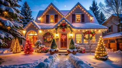 Fototapeta premium Warmly lit festive suburban house exterior with snowflakes falling, decorated with twinkling lights, garlands, wreaths, and inflatables, capturing winter holiday magic in the USA.
