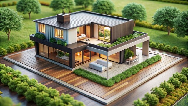 A meticulous 3D small house model sits atop a detailed architecture floorplan, showcasing a modern residence with sleek lines, minimalist decor, and lush green surroundings.