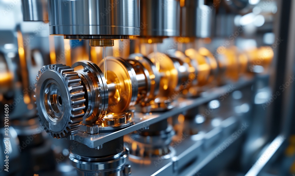 Aufkleber A close-up view of a crankshaft and gears in a production line. The gears are spinning and the crankshaft is rotating. The background is blurred, suggesting a factory setting.