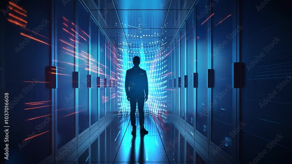 Leinwandbilder the silhouette of a person moves through a dark hallway illuminated by vibrant blue and red lights, 