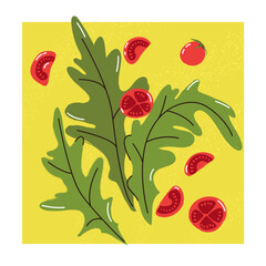 Spinach leaves and cherry tomatoes. Illustration fresh arugula vegetable.Trending vector concept of healthy nutrition. Food illustration for menu, cafe, restaurant, poster, banner, emblem, sticker 