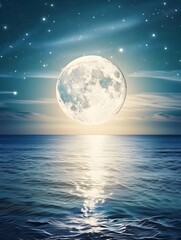 A large glowing supermoon rising above the calm ocean horizon. artwork, illustration,astronomy, astrophysics, celestial body, lunar cycle, tides,beauty, wonder, awe, inspiration