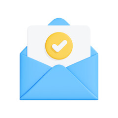 Blue envelope containing a card with a yellow checkmark icon, symbolizing confirmation or approval. Isolated on a white background. 3D render illustration
