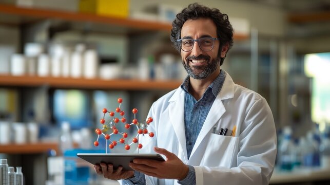 Exploring the World of Science: A Smiling Scientist Showcases Innovations in Molecular Research with a Tablet in a Modern Laboratory Setting.