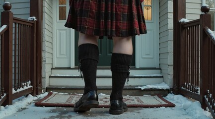 Man in kilt and knee-high socks stepping over the doorstep,  first-footing, hogmanay