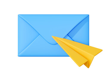 Blue envelope paired with a yellow paper plane, symbolizing communication, email, and message delivery. 3D render illustration