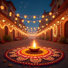 A creative depiction of the Diwali celebration that features bright lights and traditional rangoli designs by ai generated