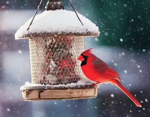 red cardinal eating from a bird feeder in the snow AI